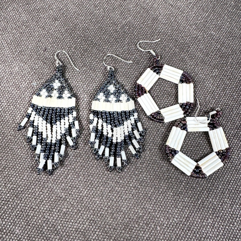 Vintage Southwestern Seed Bead Earrings Lot Black White Fringe Hexagon 925 Hooks